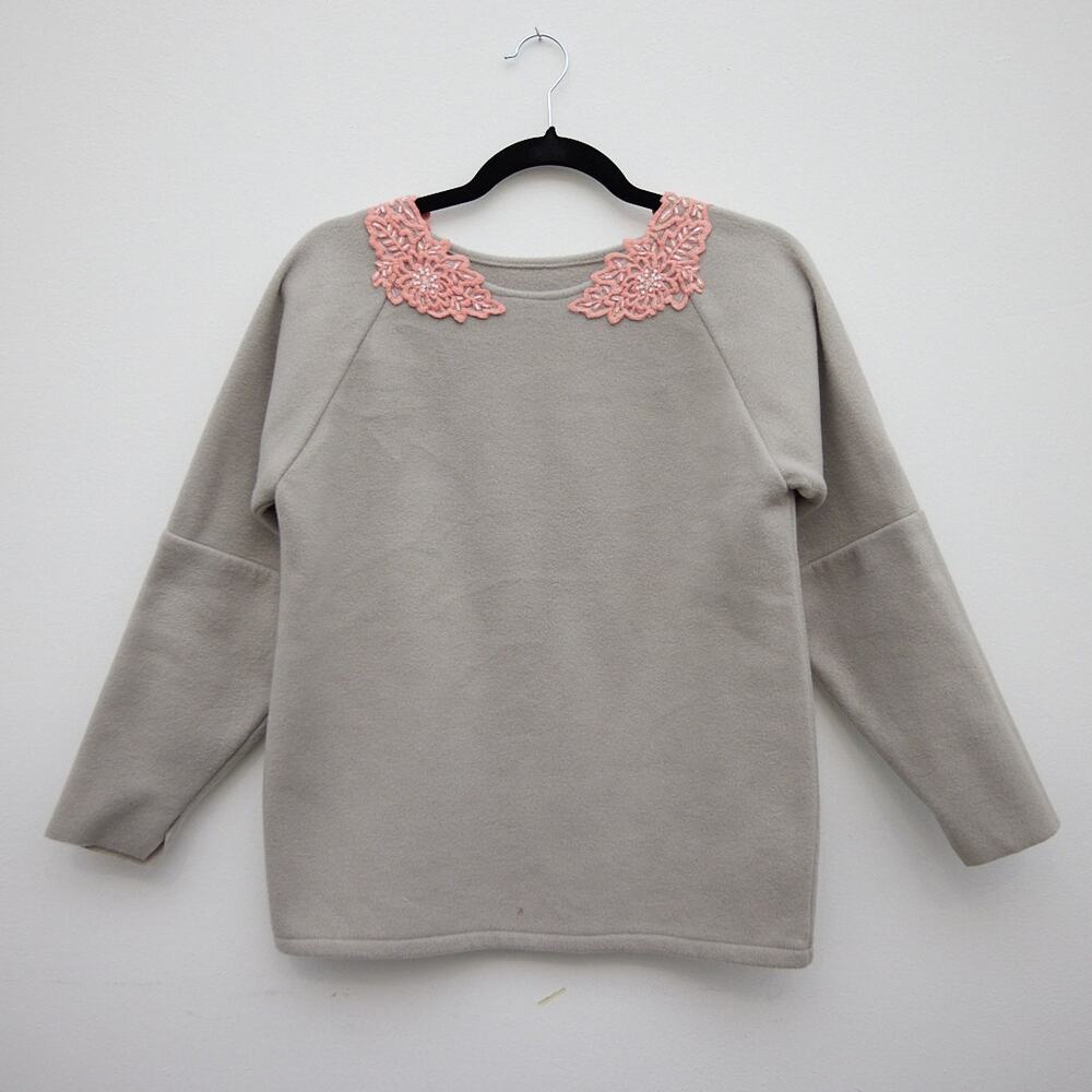 Handmade Vintage Gray Fleece Sweater with Pink Lace M/L